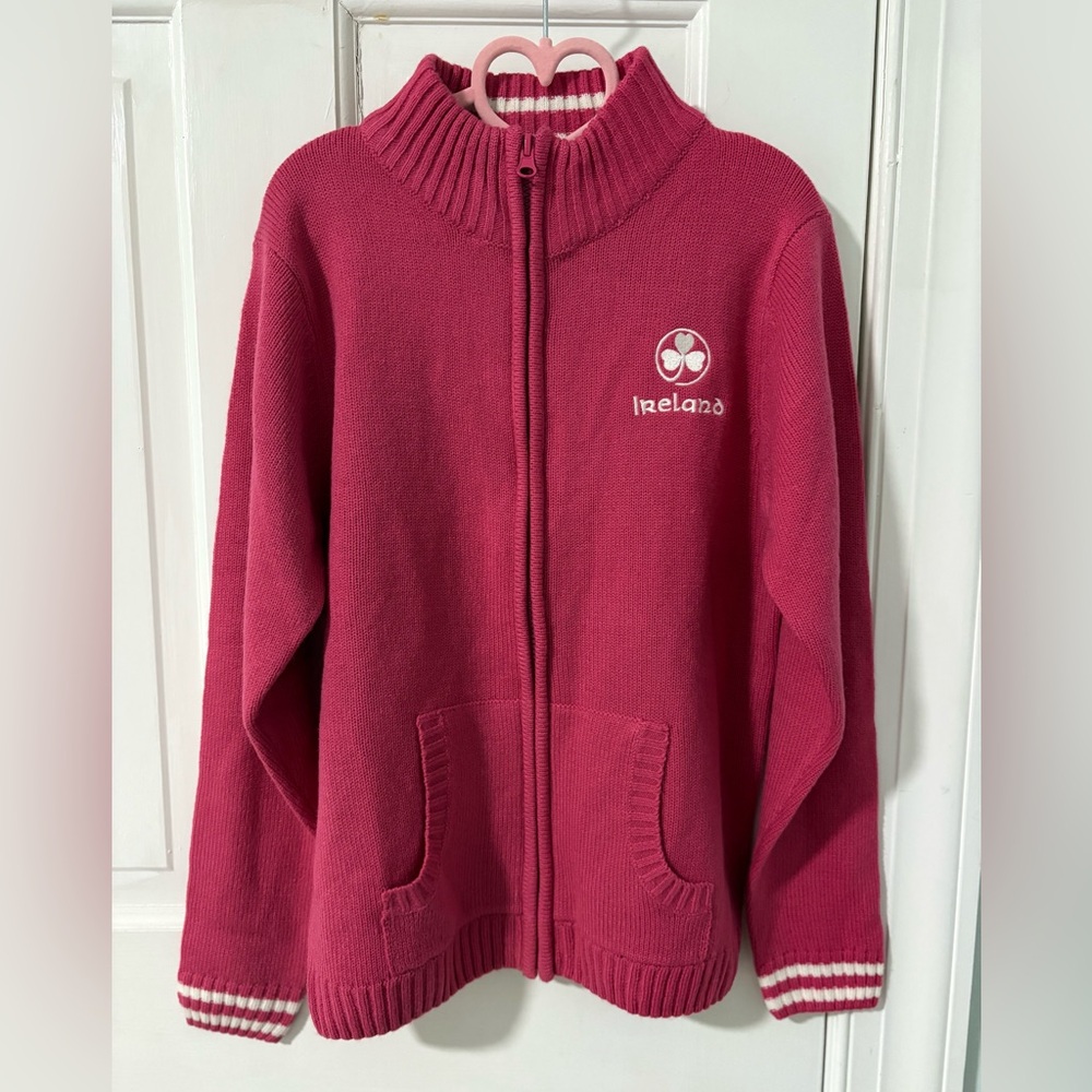 Full zip pink Ireland Sweater 100% Acrylic by Traditional Craft Heritage Sz 9-10
